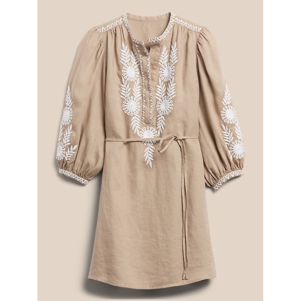 Banana Republic Embroidered 100% Linen‎ Mini Dress Tan with Slip (M657)